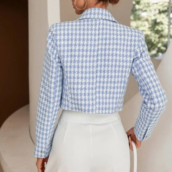 Classic Tweed Houndstooth Double Breasted Blazer Blue - Picture 6 of 6